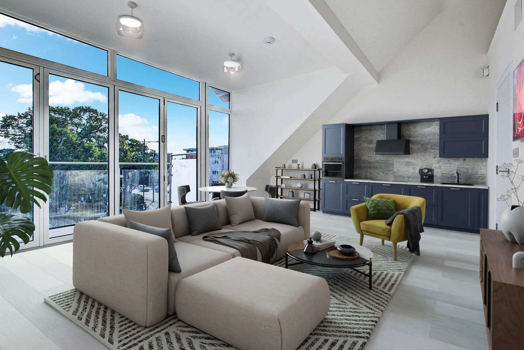 A living room filled with furniture and large windows.